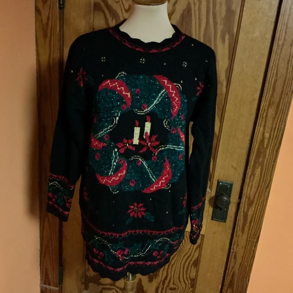 Vtg 90s oversized Christmas Wreath Glittery Sweater Black Size M - Image 7