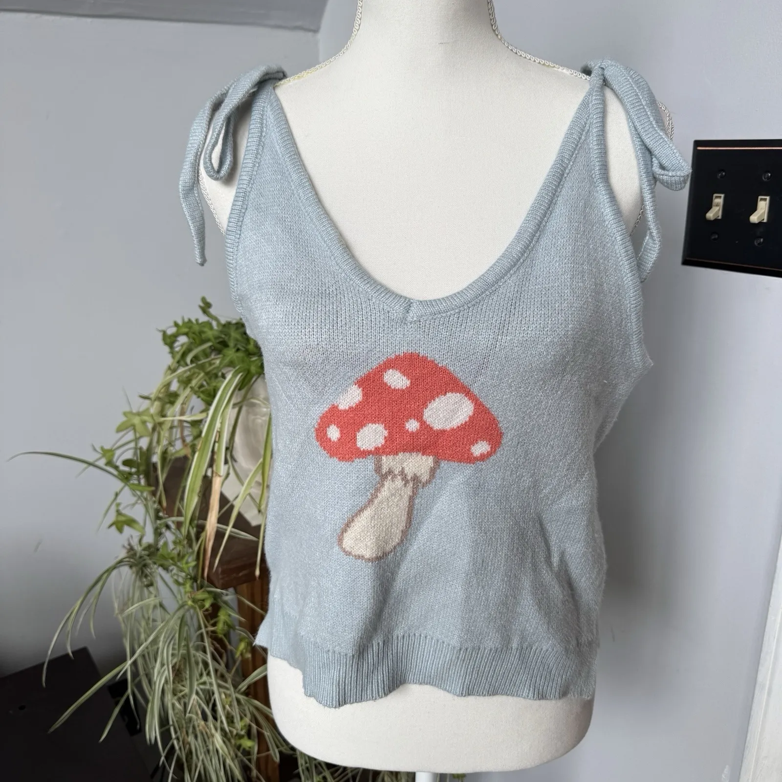 Mushroom Sweater Knit Tank Top Tie Shoulder Miss Sparkling Large Festival Whimsy Blue - Image 3