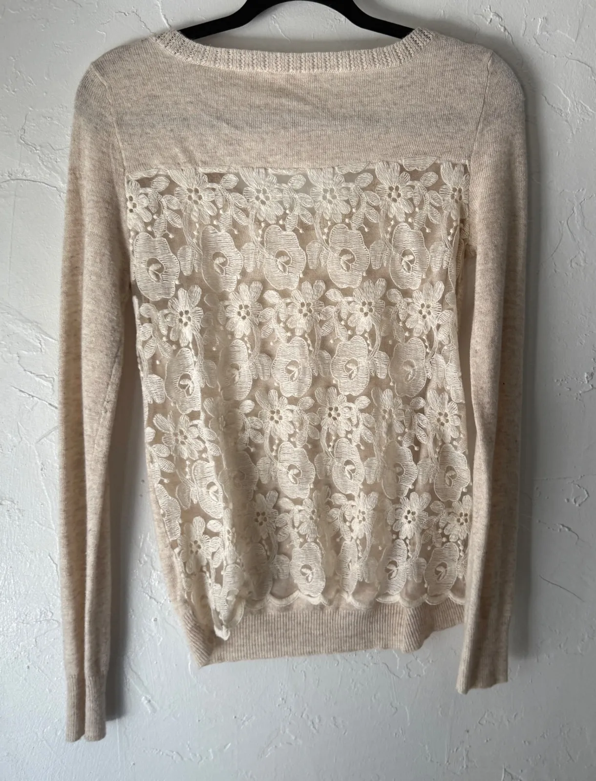 Hem & Thread Women's Lace Sweater S/M Angora Blend Beige Casual Knit Top Cottage - Image 1