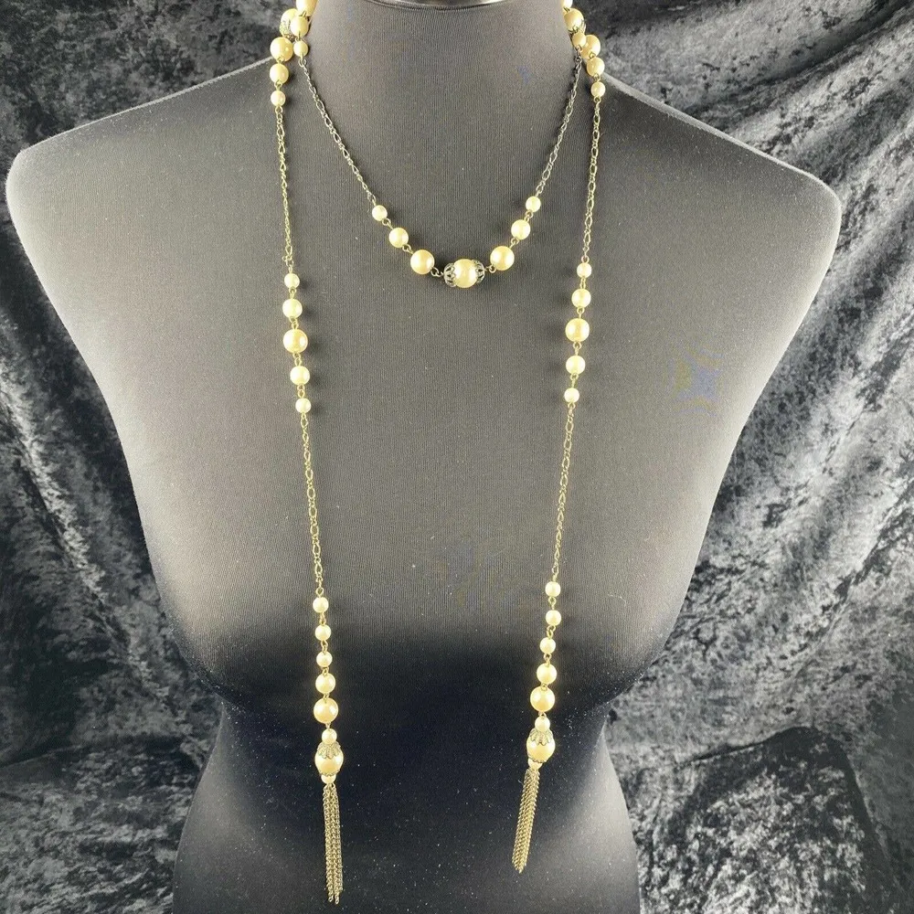 Vintage Flapper 20s Style Lariat Open 56 in Chain Faux Pearl Necklace Tassel - Image 5