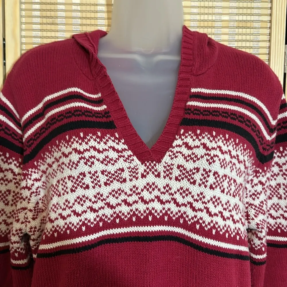 Sonoma Vintage Y2K Hooded Red White Black Vneck Glittery Knit Sweater Large - Image 6