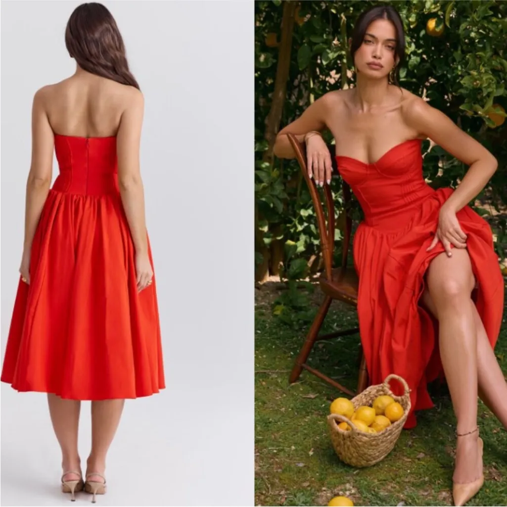 HOUSE OF CB‎ 'Elizabeth' Italian Tomato Strapless Midi Sundress NWOT - Image 10
