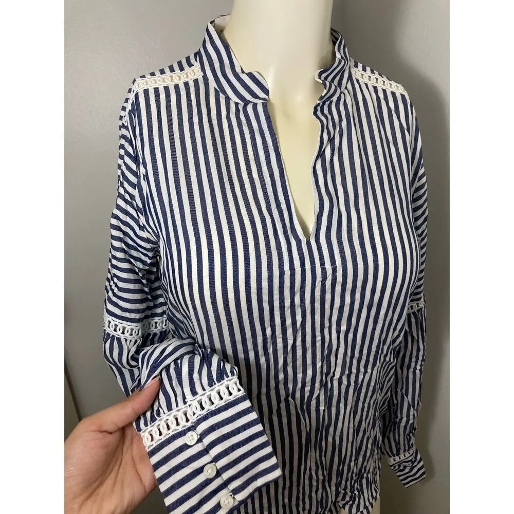 Ann Taylor Size XS Striped Blue White Long Sleeve Stripes Pullover Tunic v-neck - Image 2