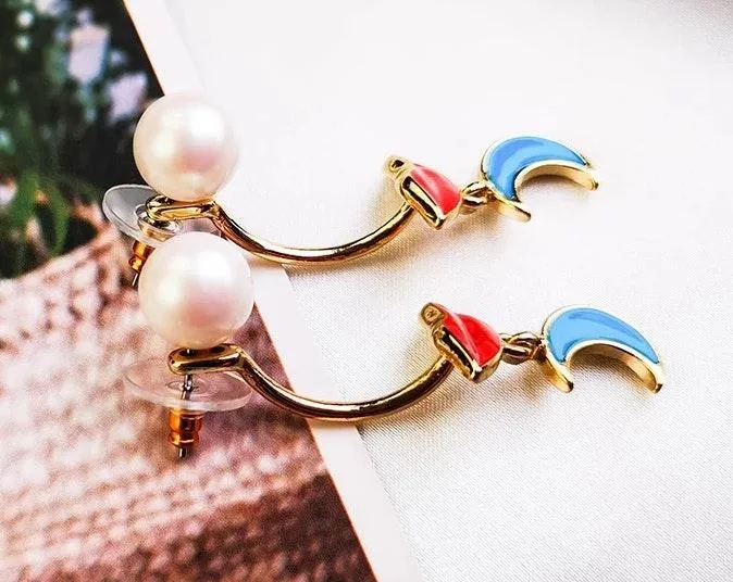 Red Lips Moon Pearl Stud Drop Earrings Gold - Image 4