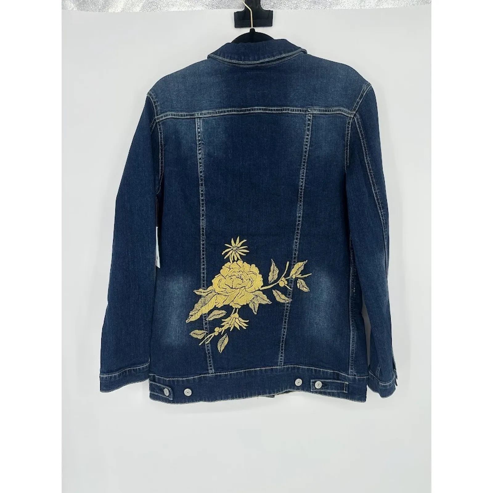 Lularoe Jean Jacket Women Medium Boho Gold Embroidery Flowers Dark Denim Pockets - Image 5