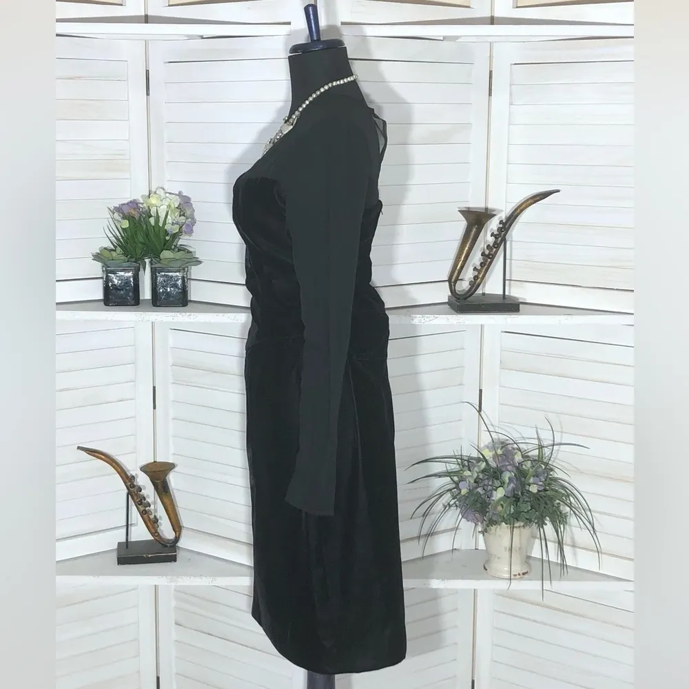 Vintage Black Velvet Sheer Sleeve Cocktail Dress XS - Image 4