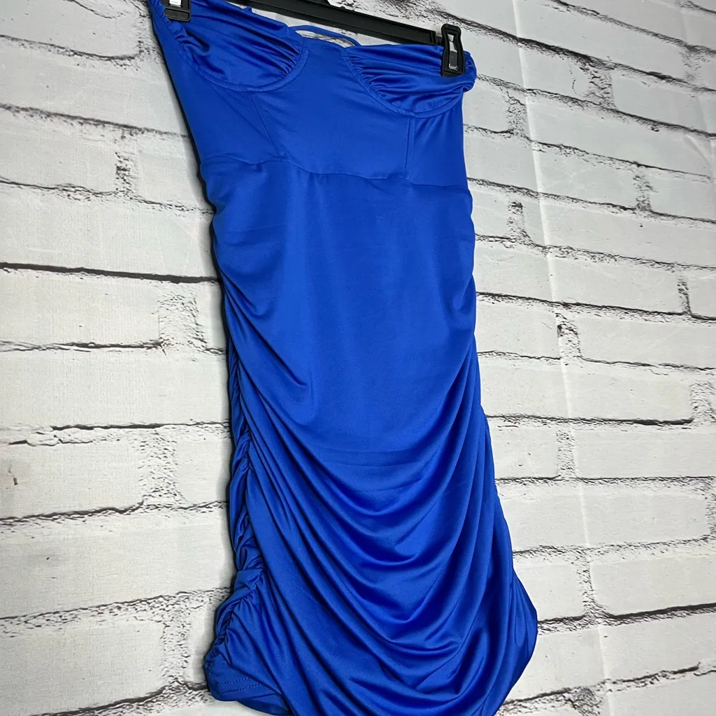 Lucy in the Sky Strapless Dark Blue Dress SZ S Tie Back Ruffled Sheath Designer - Image 9