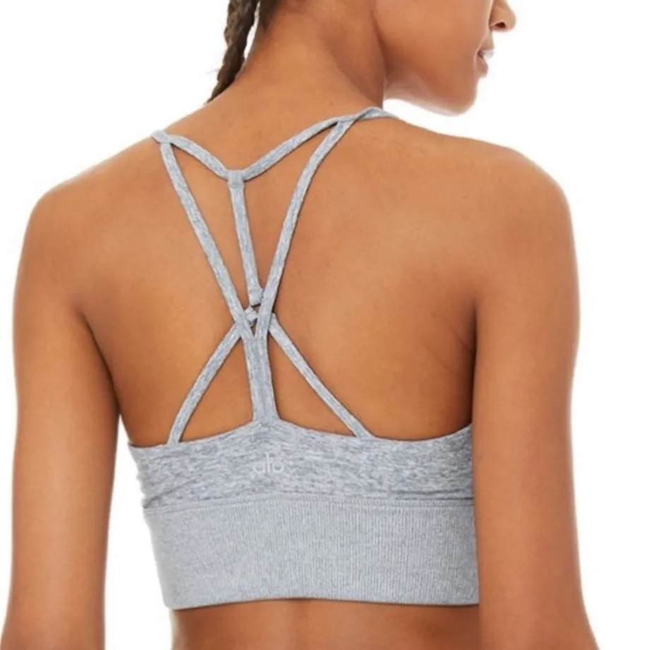 Alo Yoga Alosoft Lush Bra Sz Small Heathered Gray Strappy back Detail Long Line - Image 4