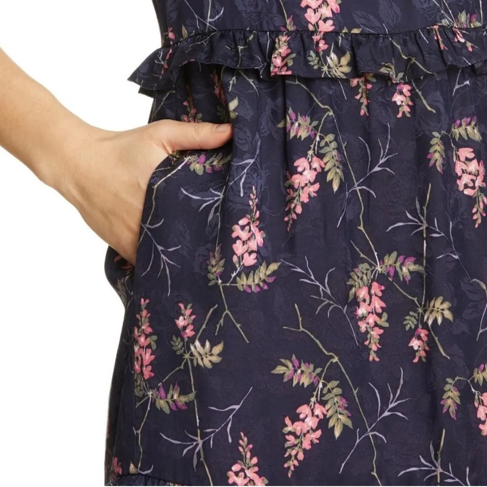 Rebecca Taylor IVIE Navy Blue Floral Silk Sleeveless Ruffle Dress Sz 4 - Image 4