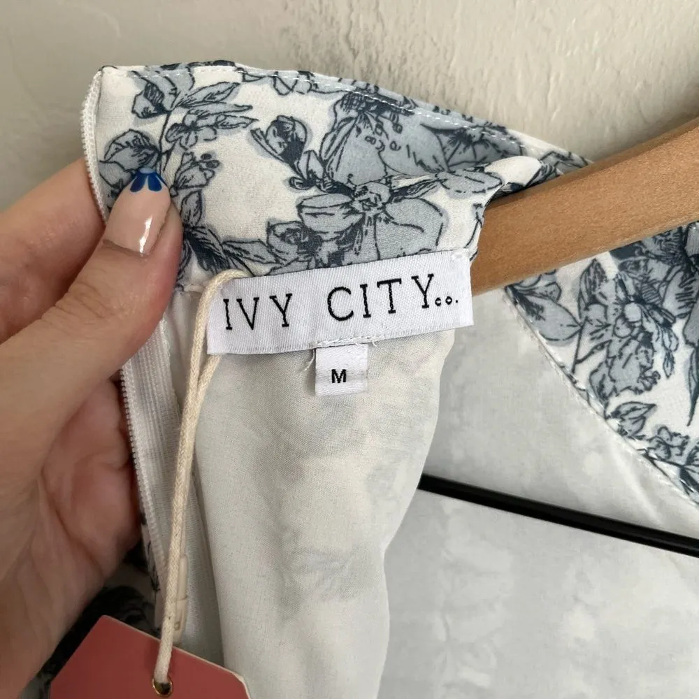 Ivy City Co Brynley Floral Mini Long Puff Sleeve Dress NEW NWT Blue White Size M - Image 10