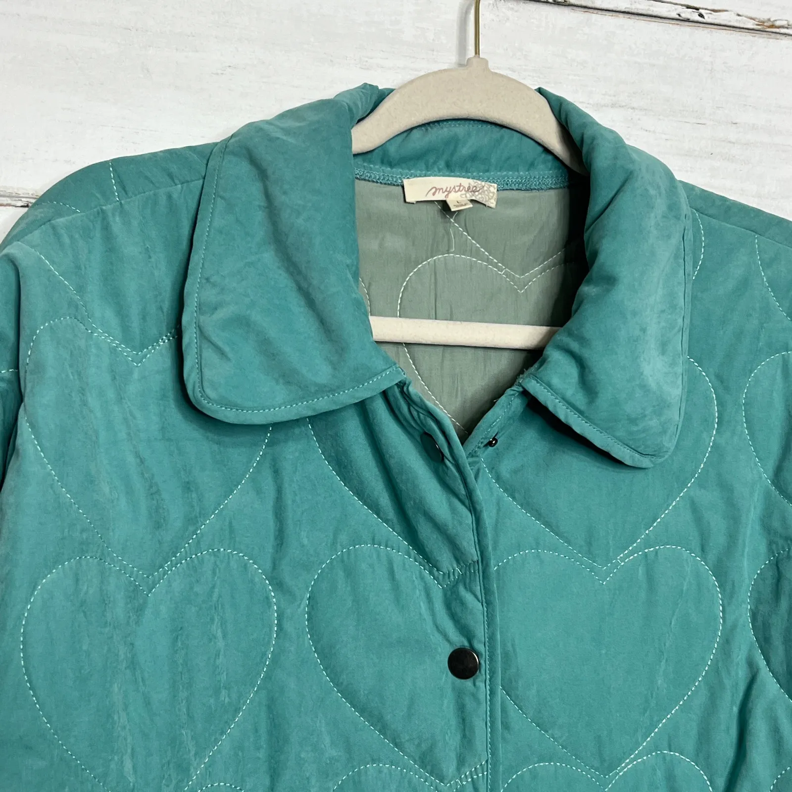 Mystree Jade Green Quilted Heart Jacket Shacket Snap Front Size Large - Image 10