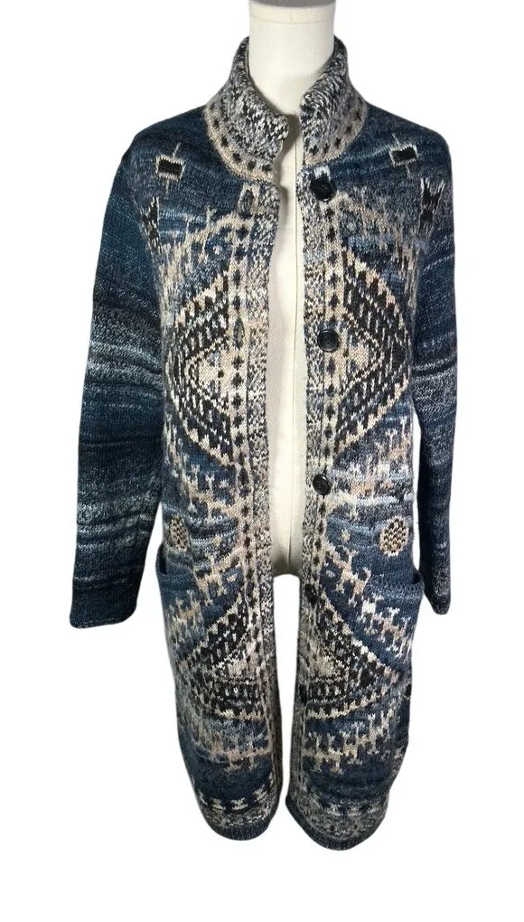 J Jill Womens Cardigan Sweater Nordic Pattern Long Sleeve Button Front Size S Blue - Image 1