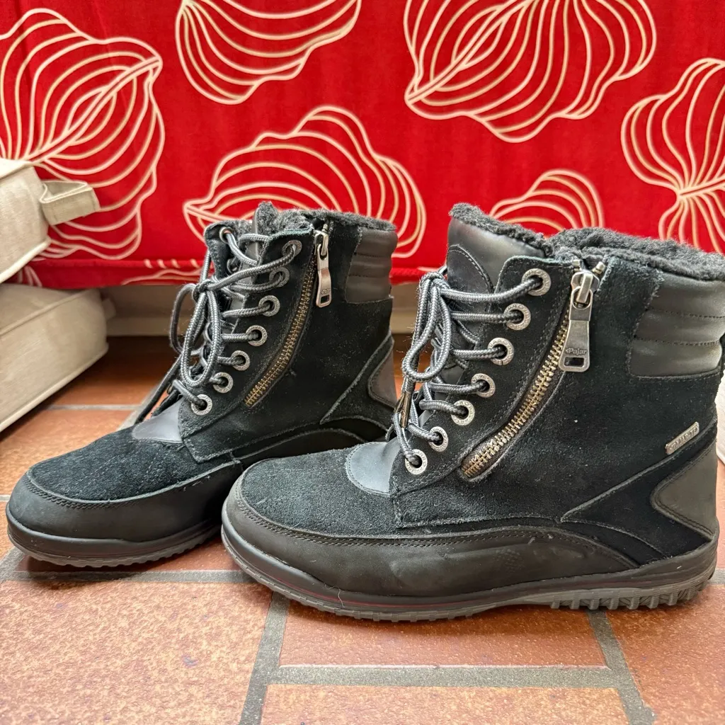 Pajar Boots Womens 7 Jeana Combat Lace Up Faux Fur Lined Side Zip Black Suede - Image 4