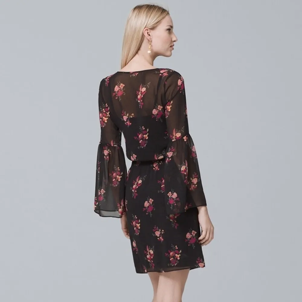 White House Black Market Bell Sleeve Floral Print Dress Black & Pink Size Small - Image 2