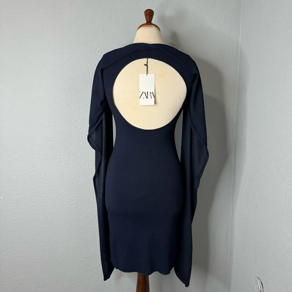 ZARA‎ New Navy Blue Elegant Round Neck Knit Cape Dress Slit Long Sleeves Size S - Image 15