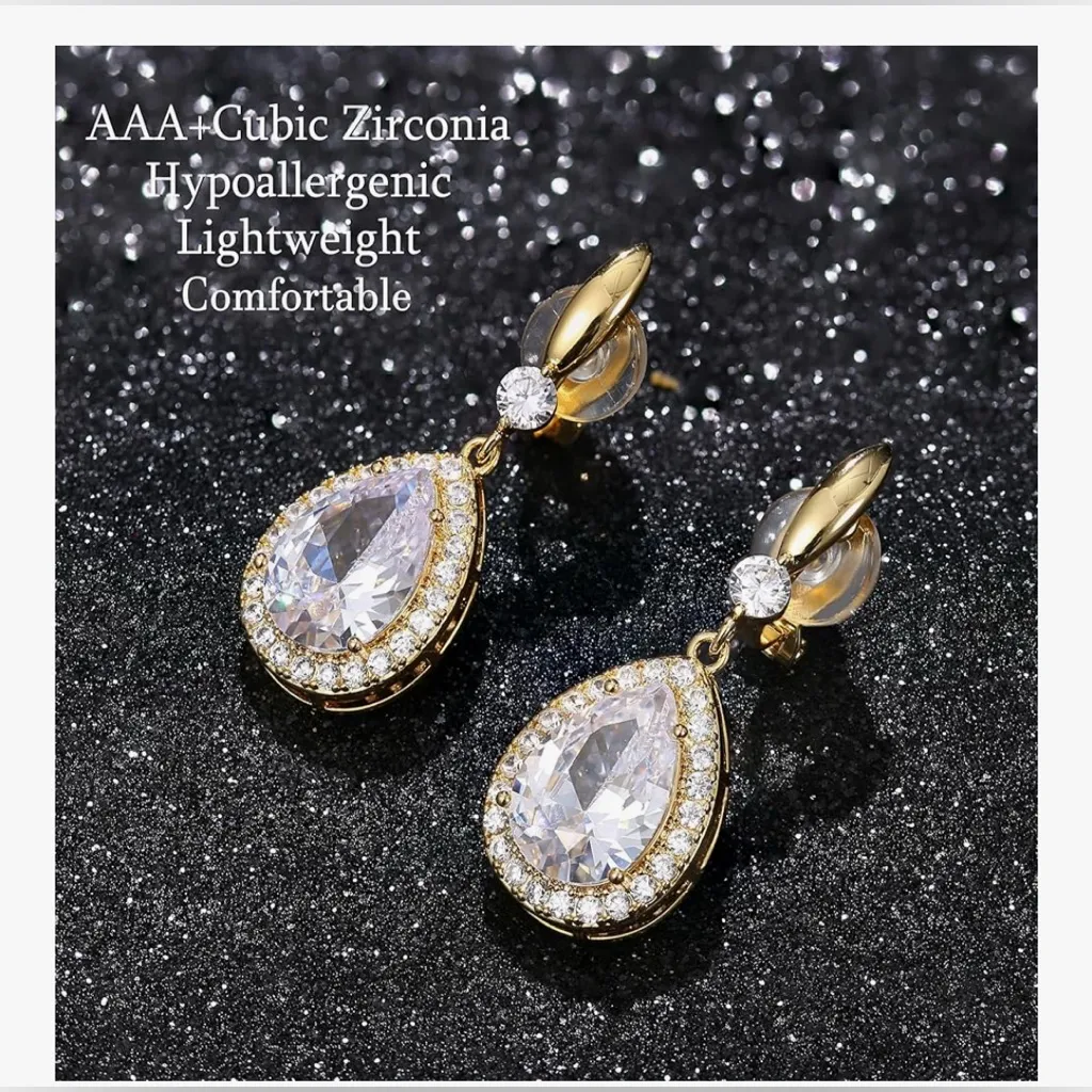 NEW Elegant Clip on Earrings Sparkling Teardrop Dangle Clip Wedding Prom Silver - Image 2