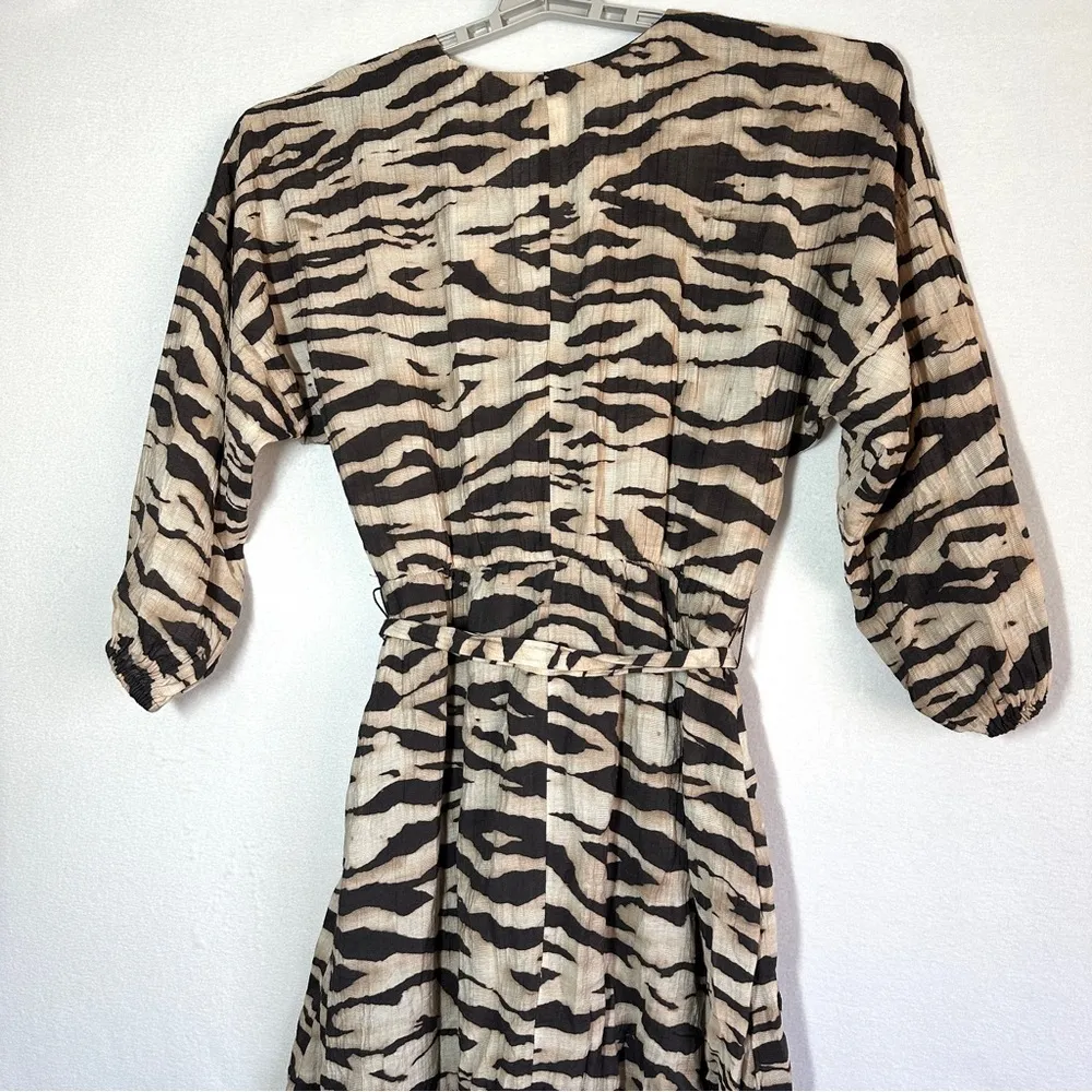 H&M Animal Print Maxi Dress M Beige Zebra Balloon Sleeve Lined Skirt - Image 6