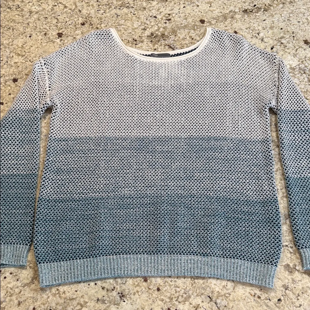 Vince Open Knit Colorblock Cotton Sweater Size L Blue Ivory - Image 4