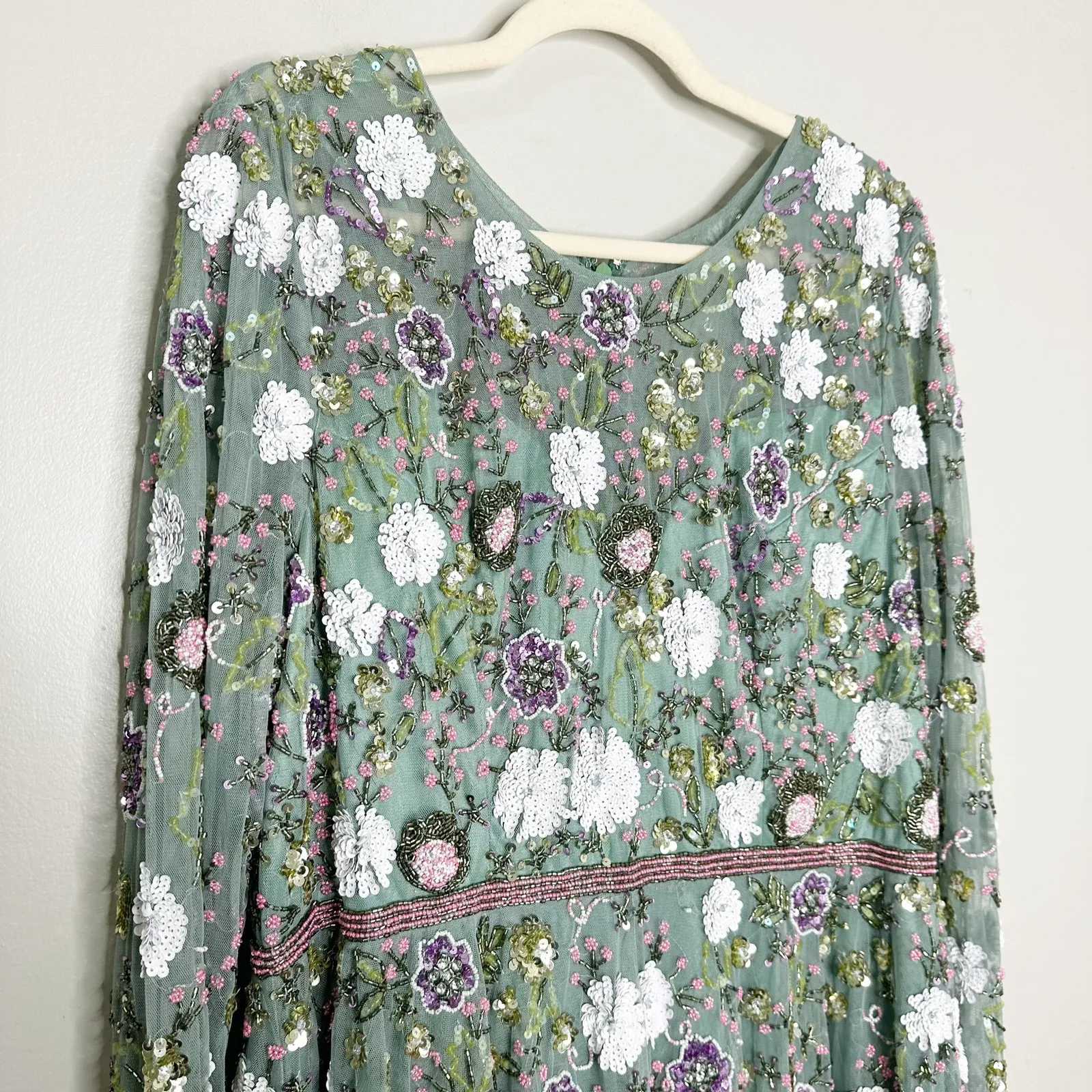 Mac Duggal 5716 Green Sage Multi Floral Applique Tulle Cocktail Midi Dress 18 - Image 4