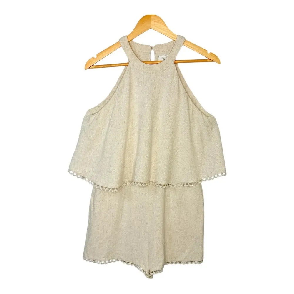 Sage the Label Harmony Romper Layered Halter Crochet Trim Beige Women Size Small - Image 9
