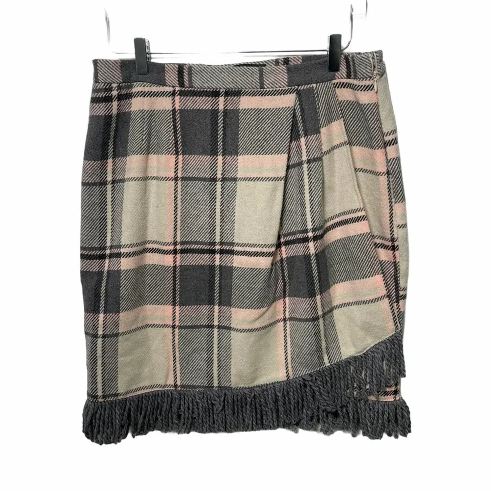 FOR CYNTHIA Skirt Wool Blend Faux Wrap Fringe Plaid Business Casual Office Large - Image 2