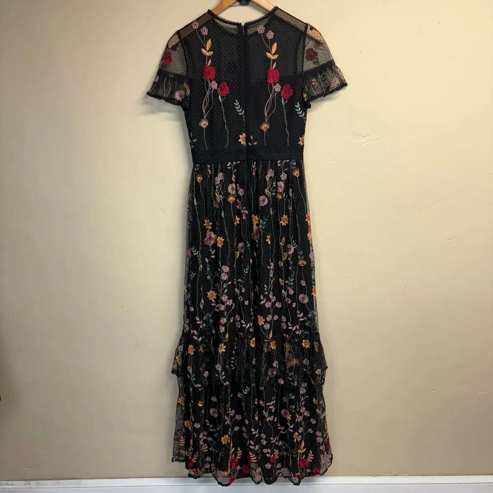 ML Monique Lhuillier Floral Embroidered Tiered Ruffle Maxi Gown Size 4 Black - Image 4