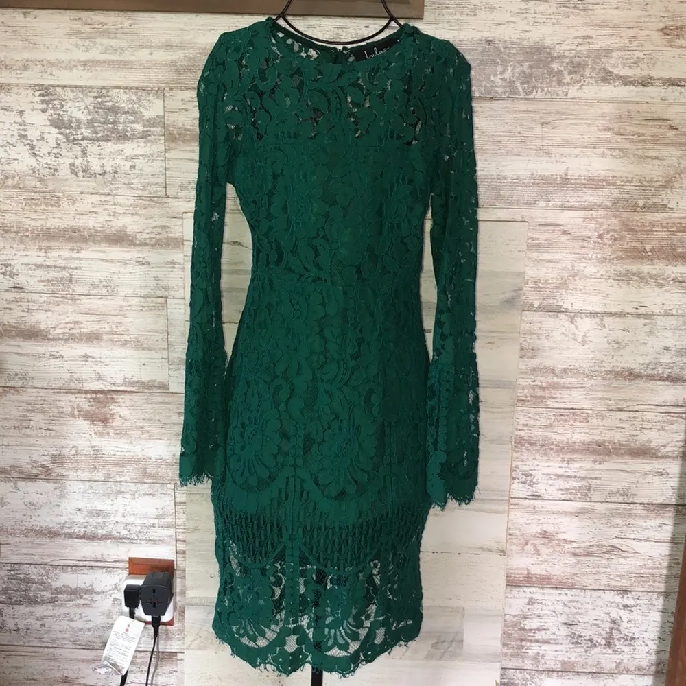 Lulus Enrapturing Elegance Green Lace Long Sleeve Midi Dress size small bridal​​ - Image 5
