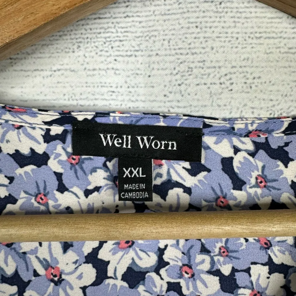 Well Worn  Womens size XXL Ditzy Floral V-Neck Ruffle 3/4 Sleeve Blouse Top Blue - Image 7