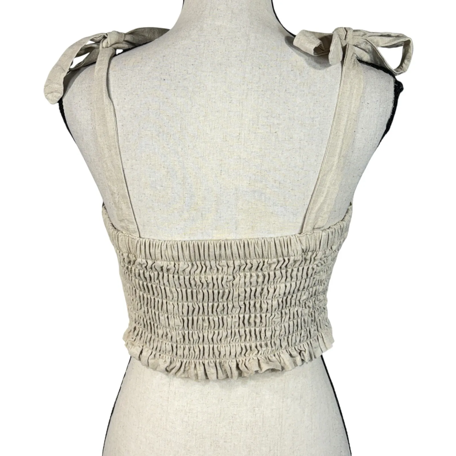 Altar’d State Medium Delilah Linen Corset Top Cropped Tie Straps Smocked Beige - Image 5