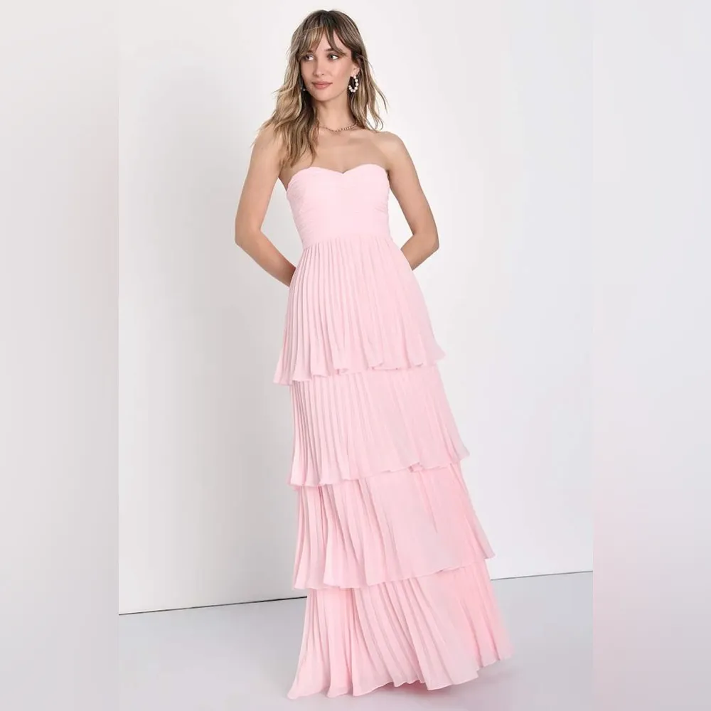 LULU’S Seriously Sensational Light Pink Strapless Tiered Maxi Dress - Image 3