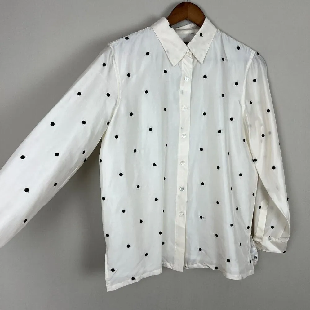 Silkland Blouse Women Petite Medium PM White Black Polka Dot 100% Silk Button Up Size undefined - Image 10