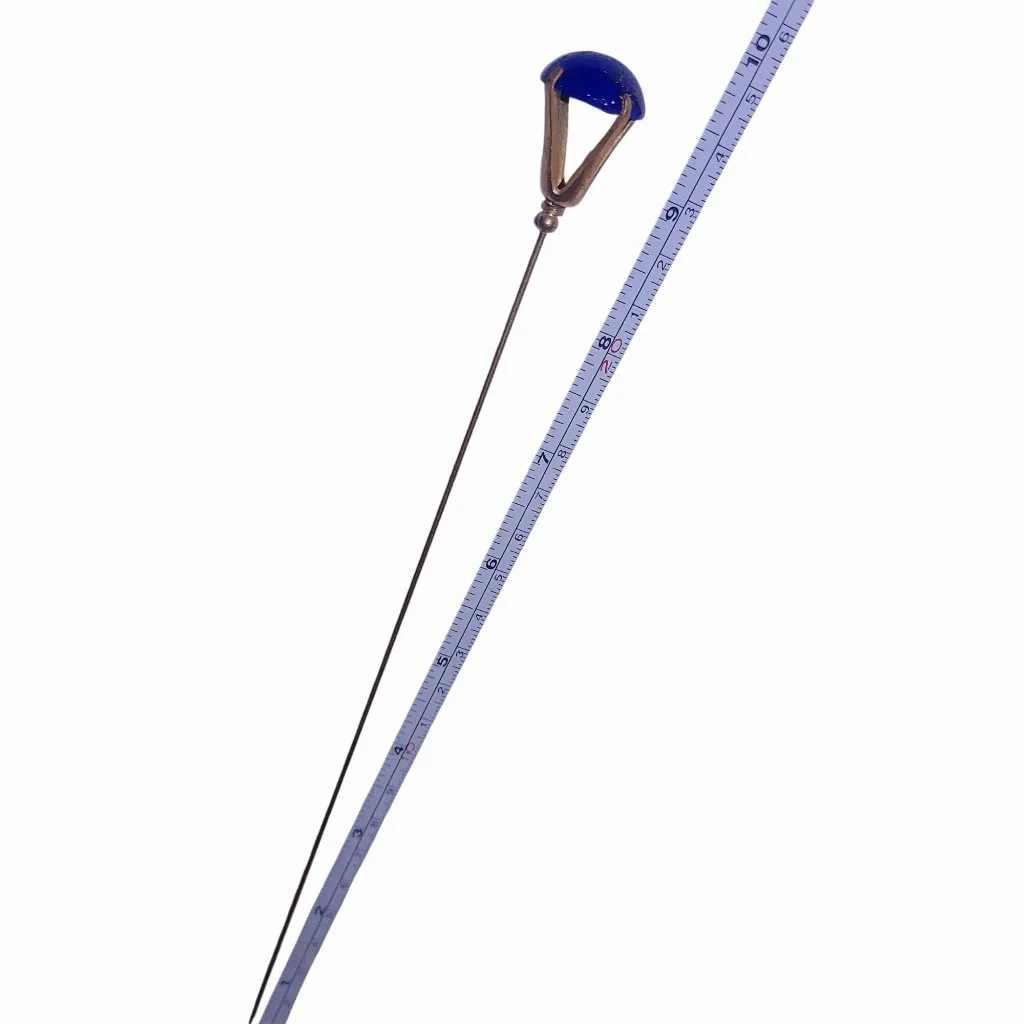 Long Hat Dress Pin Vintage Brass Blue Lapis Glass Bead Gold Tone Straight Dome - Image 6