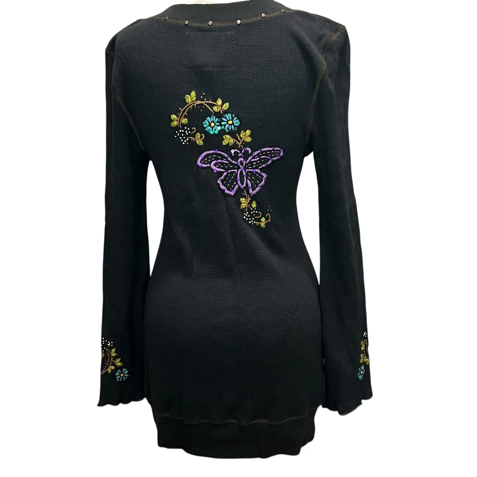 Soul Revival Y2K Waffle Knit Tee Large Black Floral Butterfly Embroidered Boho - Image 4