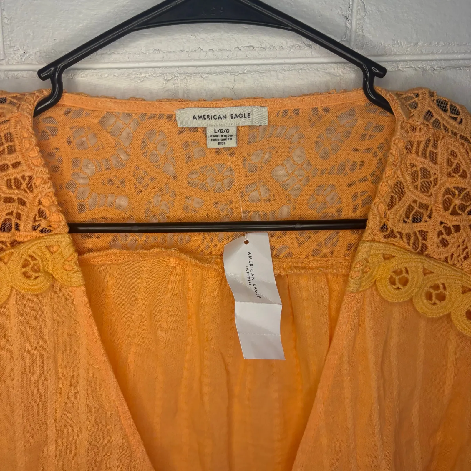 NWT American Eagle Orange Tie Front Crochet Lace Boho Crop Top Large Romantic 70 - Image 5
