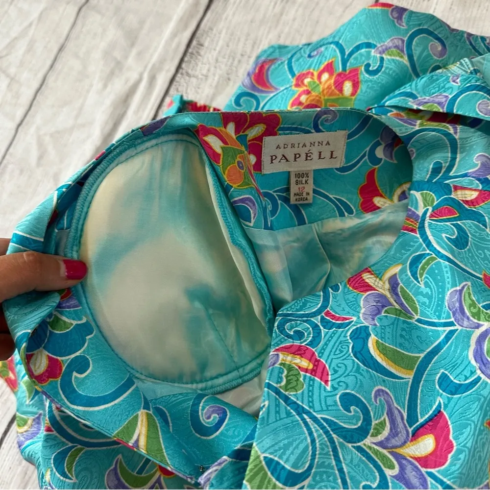 Vintage Adrianna Papell Bright Floral 100% Silk Top & Skirt Suit Set Size 12 - Image 10