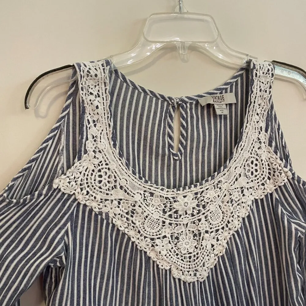 Vintage America Blues Cold Shoulder Crochet Lace Blouse Top Blue Stripes Size M Size M - Image 3