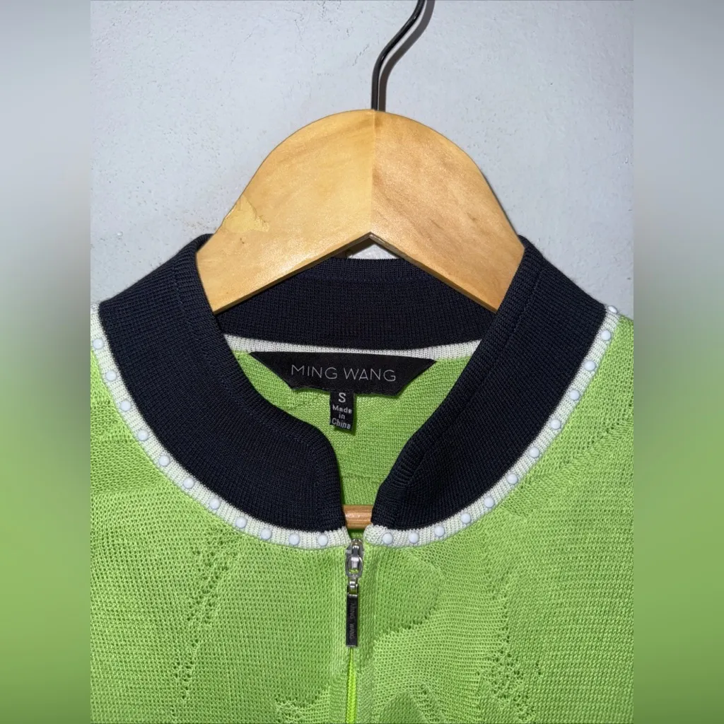 ming wang Green Zip Green Textured Floral Jacket Black Trim‎ Small - Image 3
