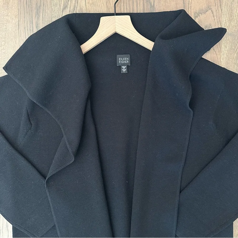 Eileen Fisher 100% Wool Draped Collar Open Front Cardigan Sweater Black Large - Image 3
