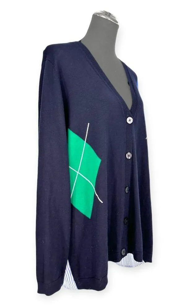 Marina Rinaldi | Large | Maggese Navy Argyle Cashmere Blend Faux Layer Cardigan Blue - Image 5