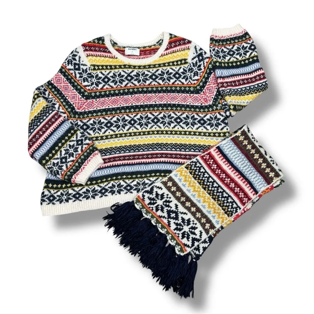 Old Navy Fair Isle Chunky Knit Sweater &‎ Scarf White Multicolor XXL - Image 16