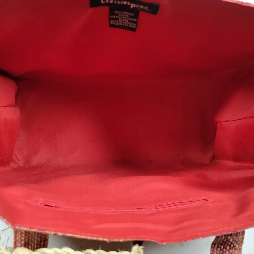 Crossing Pointe Raffia Beach Bag 14" Pink Brown Colorblock Tan Straw Diamond - Image 12