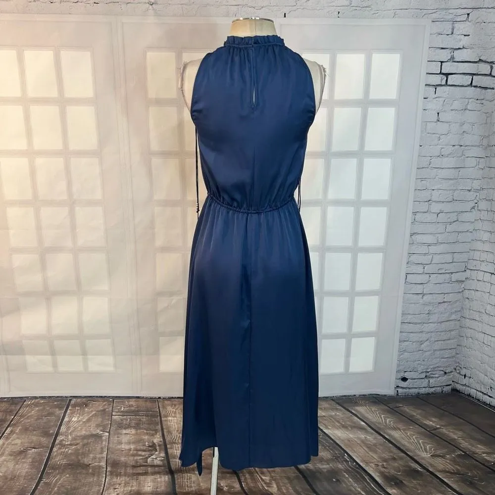 Derek Lam Sleeveless Cinched Pleated Neckline Tassel Blue Satin Midi Dress Sz 4 - Image 4