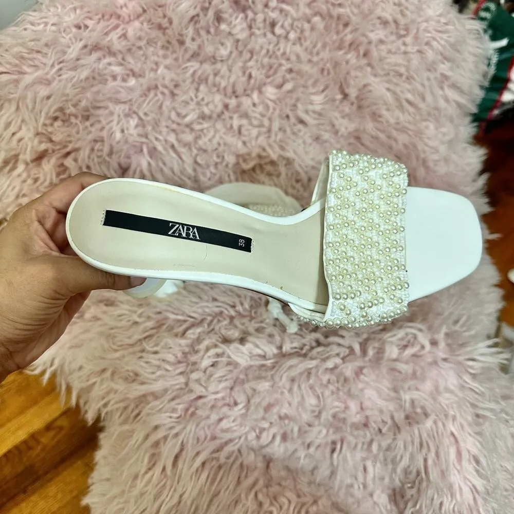 ZARA  White Pearl Beaded Heels Size 7.5 Wedding Bachelorette Feminine BloggersFav - Image 11