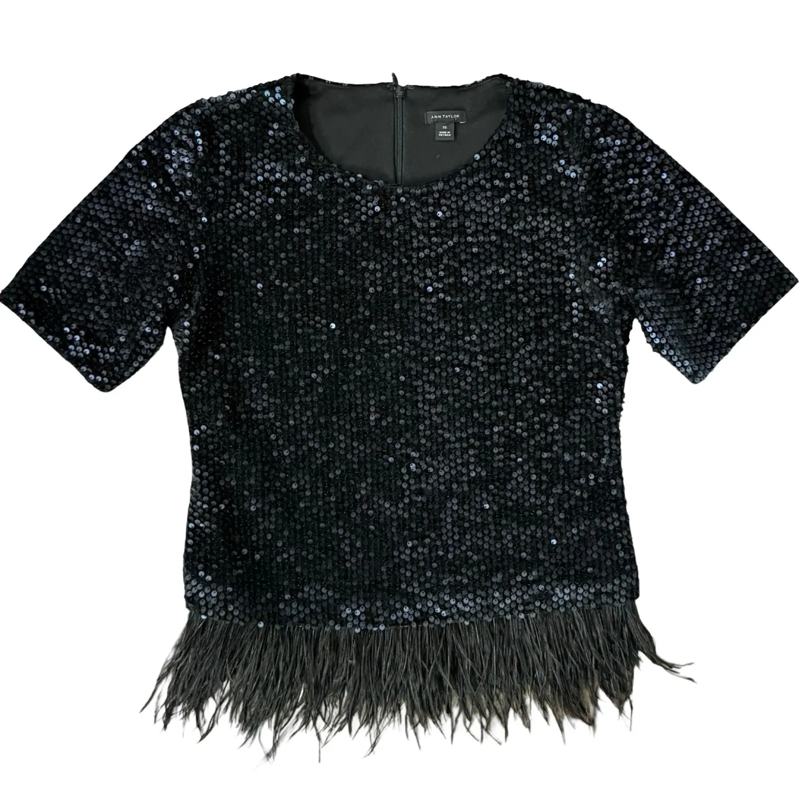 Ann Taylor Black Sequin Short Sleeve Feather Trim Round Neck Shirt Top Size XS - Image 10