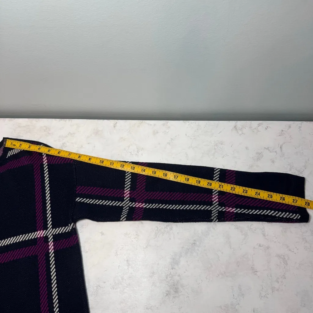 Ann Taylor Plaid Open Front Cardigan M Navy Magenta - Image 8