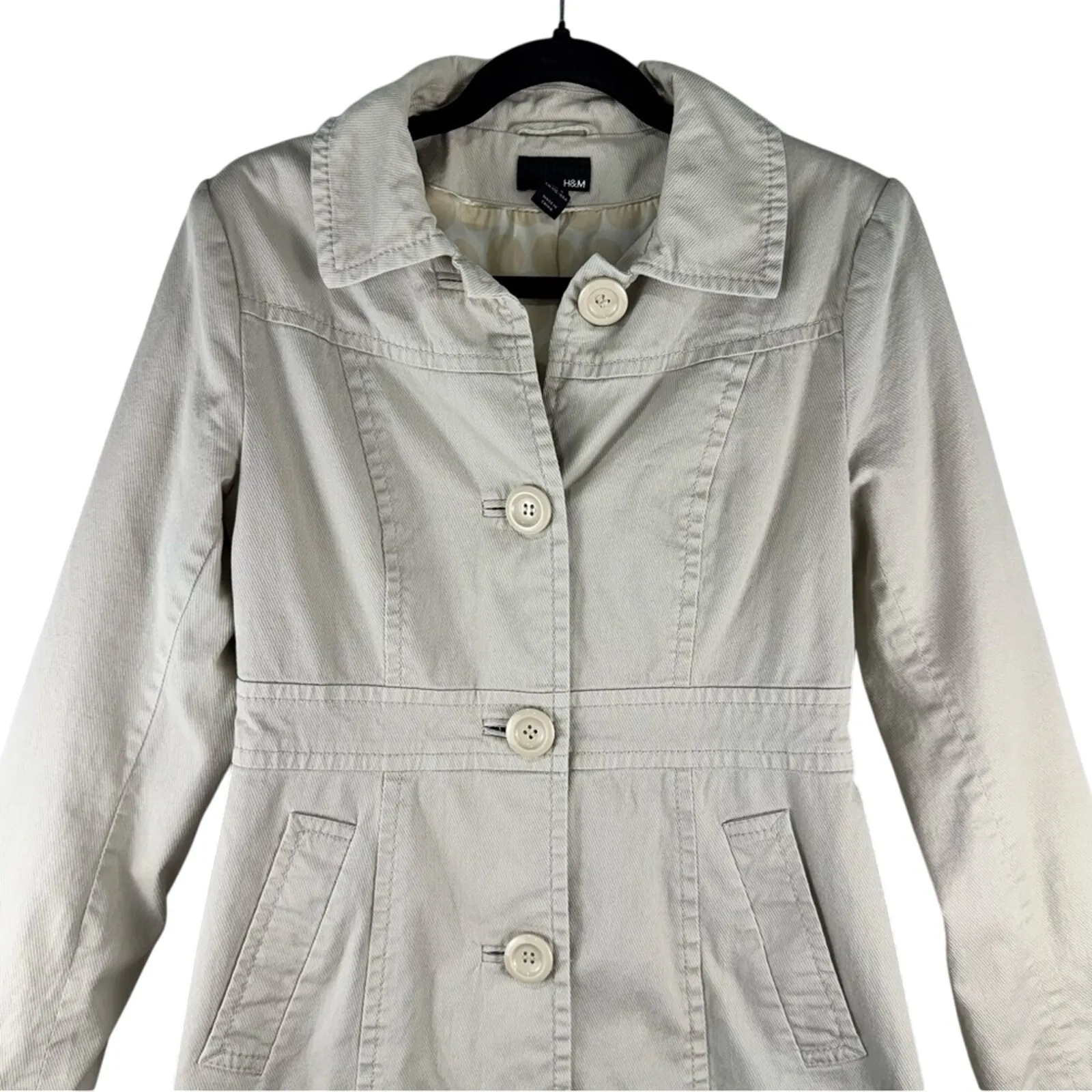 H&M Light Beige Button-Up Long Trench Coat Cotton Women Size 8 Feminine Neutral - Image 3