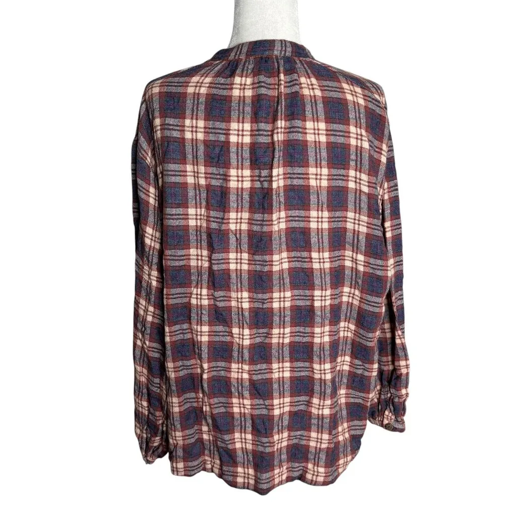 Free People Pullover Flannel Shirt Medium Maroon Red Plaid Buttons Long Sleeve - Image 4