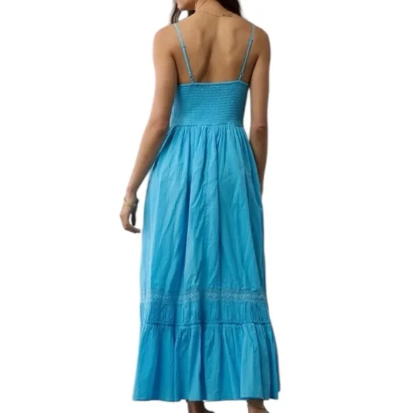 American Eagle Corset Tiered Maxi Dress sz Large Blue‎ Smocked Milkmaid Boho - Image 3