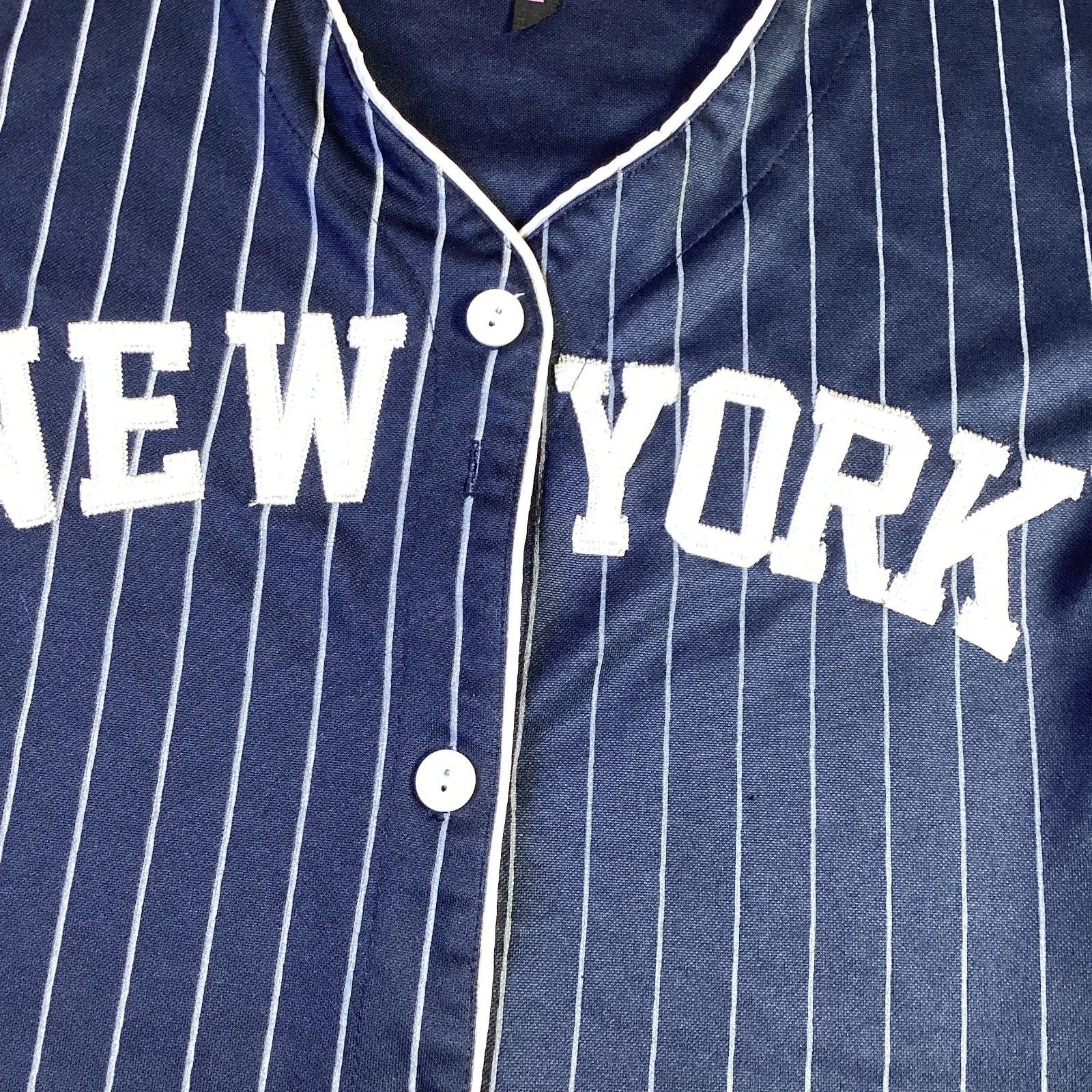 New‎ York Pinstripe Baseball Jersey American Flag Patch Button Up Navy Blue Size L - Image 5