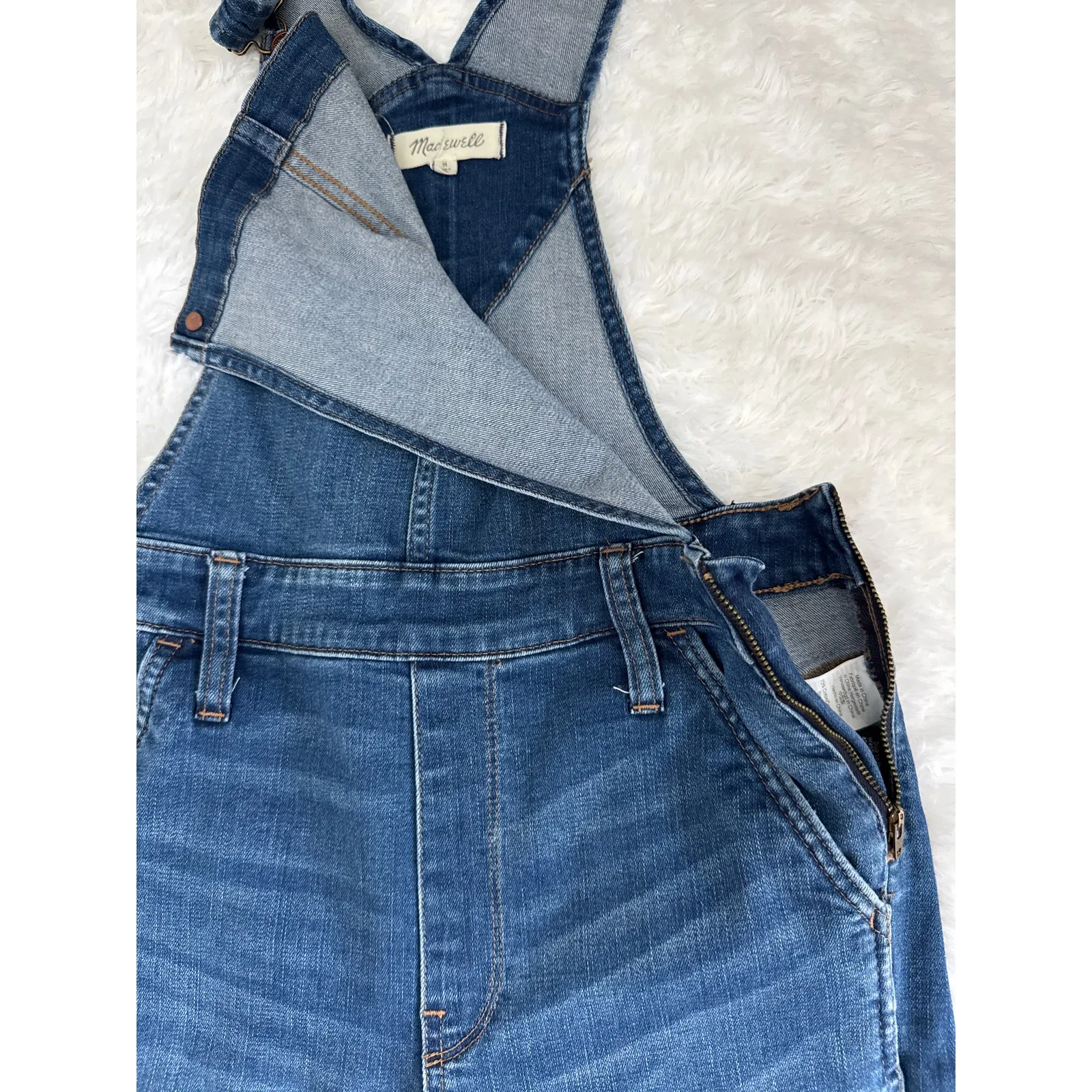 Madewell Denim Overalls Medium Wash Distressed Knees size ziper  Medium - Image 7